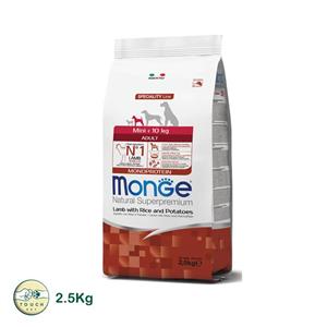 غذای خشک سگ بالغ مونژه سایز مینی Natural Superpremium Mini Adult با طعم گوشت بره و برنج و سیب زمینی وزن 2.5 کیلوگرم