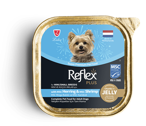 ووم سگ بالغ رفلکس پلاس با طعم ماهی هیرینگ و میگو (تکه ای در ژل)  Reflex plus with Herring & Shrimp / Mini/Small Breeds