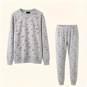 ست بلوز و شلوار راحتی زنانه نخی طرح قلب قرمز | دمپا کش و فری سایز | کانگومام