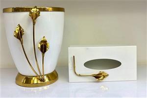 ست سطل و جای دستمال رنگ سفید طلایی