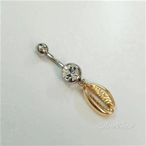 پیرسینگ ناف استیل | طرح صدف طلایی با آویز نگین دار | برند Accessories