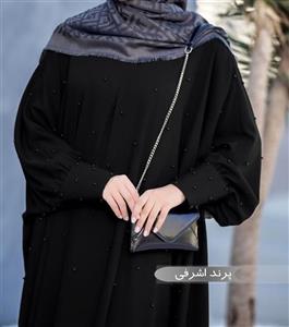 مانتو عبایی زنانه پرند اشرفی مشکی ارسال رایگان مزون دوز و مجلسی بلند آماده سازی 7 روزه