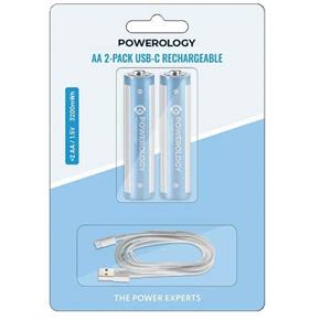 باتری قلمی قابل شارژ پاورولوژی، Powerology AA USB-C Rechargeable Batteries، باتری قابل شارژ AA، باتری USB-C AA، باتری قابل شارژ دو عددی، باتری AA چندبارمصرف PWAA322