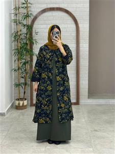 مانتو جیب در پیله سورمه ای گل زیتونی