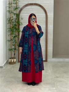 مانتو جیب در پیله سورمه ای قرمز طرح کاشی