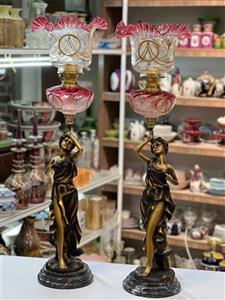 یک جفت چراغ لاله پایه برنز آنتیک