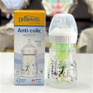 شیشه شیر طلقی طرح دار ۱۵۰ میل عریض دکتر براون(براونز) Dr browns با سرشیشه پهن ۱ قطره