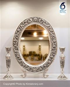 آینه شمعدان بیضی بدون تاج شبه نقره قلم گل برجسته طرح نقره با روکش و ضمانت 36 ماهه صنایع دستی کیمیاترنج