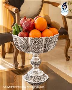 میوه خوری بزرگ تک پایه شبه نقره قلم گل و مرغ کنار سالنی نقره نما پتینه با روکش و ضمانت 36 ماهه صنایع دستی کیمیاترنج 