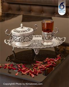 ست چایخوری ینفره شبه نقره قلم گل و مرغ نقره نما پتینه با روکش و ضمانت 36 ماهه صنایع دستی کیمیاترنج
