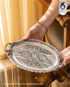 سینی بیضی چایخوری کوچک  شبه نقره قلم گل و مرغ شیرینی خوری دیس  آب نقره پتینه با روکش و ضمانت 36 ماهه صنایع دستی کیمیاترنج
