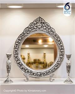 آینه شمعدان گرد تاجدار شبه نقره قلم گل برجسته طرح نقره با روکش و ضمانت 36 ماهه صنایع دستی کیمیاترنج
