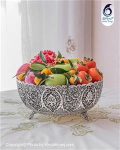 میوه خوری سه پایه شبه نقره قلم گل و مرغ  آب نقره پتینه با روکش و ضمانت 36 ماهه صنایع دستی کیمیاترنج 
