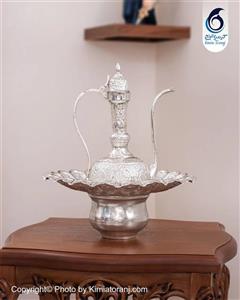 آفتابه لگن شبه نقره قلم گل و مرغ سفید آب نقره با روکش و ضمانت 36 ماهه صنایع دستی کیمیاترنج