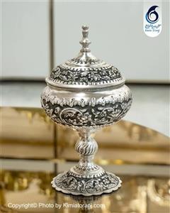 شکلات خوری شبه نقره تک پایه قلم زنی گل برجسته با روکش و ضمانت ۳۶ ماهه کیمیاترنج 