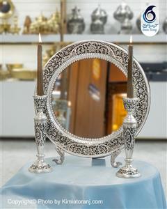 آینه شمعدان گرد 37 شبه نقره قلم گل و مرغ  نقره نما با روکش و ضمانت ۳۶ ماهه کیمیاترنج