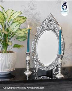 آینه شمعدان بیضی 46 شبه نقره قلم گل و مرغ طرح نقره با روکش و ضمانت ۳۶ ماهه کیمیاترنج