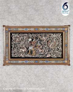 قاب تابلو خاتم و تذهیب با پلاک قلمزنی گل و مرغ و صورت کامل دست ساز صنایع دستی کیمیاترنج 