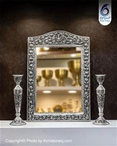 آینه شمعدان عروس چهارگوش 52 شبه نقره قلم گل برجسته با روکش و ضمانت ۳۶ ماهه کیمیاترنج