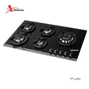 اجاق گاز صفحه‌ای شیشه‌ای اخوان مدل V-8-S ونوس مشکی ۵ شعله با قطعات ایتالیایی SABAF