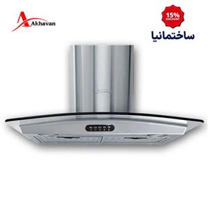 هود شومینه‌ای کد H10 اخوان | طراحی استیل و شیشه با مکش قوی و صدای کم