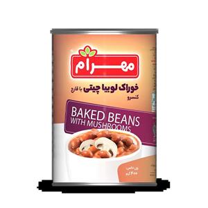 کنسرو " خوراک لوبیا چیتی با قارچ " مهرام - ( دارای ادویه ) حاوی روغن مایع آفتابگردان و رب گوجه فرنگی ( 400 گرمی )