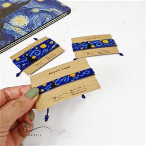 M0227 _ دستبند باریک شب پرستاره، یک سانتی، گره کشویی، ونگوگ ( منجوق میوکی ) 7 رج