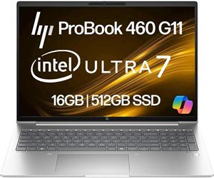 لپ تاپ تجاری HP ProBook 460 G11 با صفحه نمایش 16 اینچی FHD ، پردازنده Intel Core Ultra 7 155U (بهتر از i7-1355U)، رم 16 گیگابایتی DDR5، حافظه 512 گیگابایتی NVMe، Wi-Fi 6E، RJ-45، وب کم، کیبورد با نور پس زمینه، Win 11 Pro - پلاستیک نقره ای پایک