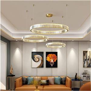 لوستر مدرن کریستالی دایره ای RC LED دیمر پذیر، لوستر آویز حلقه ای استیل طلایی/کروم، روشنایی اتاق نشیمن، چراغ آویز خانگی، 3 حلقه - 40، 60 و 80 - نور سفید