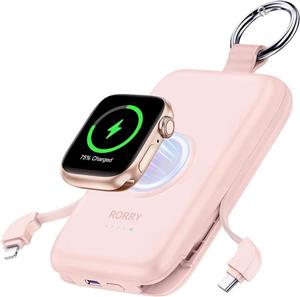 پاور بانک RORRY، 10000 میلی آمپر ساعت PD 20W فوق العاده نازک با کابل شارژ USB-C/iOS برای آیفون 15 پرو مکس/14 پرو/13/12 سامسونگ شیائومی و اپل واچ اولترا/9/8/7/6/5/4 و سری ایرپاد