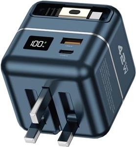 شارژر دیواری و پاوربانک 2 در 1 Green Lion GaN، آداپتور دیواری 45 واتی PD با کابل جمع شونده USB-C یک متری، نمایشگر دیجیتال، 3 خروجی (2xUSB-C و 1xUSB-A) - خاکستری