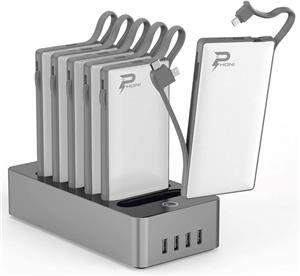 ایستگاه شارژ پاوربانک قابل حمل فونی 6 در 1 با کابل داخلی لایتنینگ، USB-C، میکرو USB، شارژ سریع، باریک و جمع و جور 10000 میلی آمپر ساعت سازگار با آیفون، سامسونگ، آیپد و غیره (سفید)