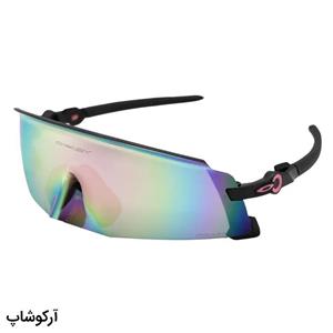 عینک ورزشی OAKLEY با فریم و دسته مشکی رنگ، عدسی آینه‌ای و چند رنگ مدل 009455