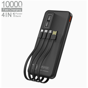 پاوربانک ASPOR مدل A300 PD ظرفیت 10000 میلی‌آمپر با فست شارژ 22.5 وات و کابل‌های داخلی