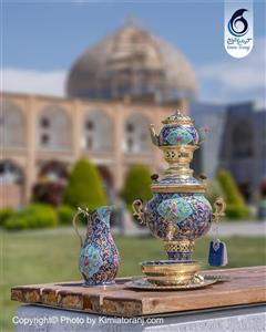 سماور دکوری تزیینی ۳ لیتری توپی نقاشی پرداز دست ساز دسته توری برنجی ضخیم با ضمانت ۶۰ ماهه صنایع دستی کیمیا ترنج