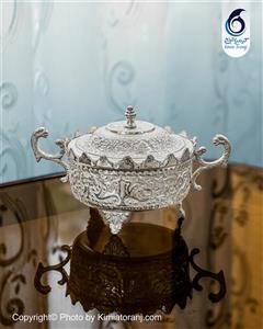 قندان دسته دار شبه نقره قلم گل و مرغ سه پایه  آب نقره پتینه با روکش و ضمانت 36 ماهه صنایع دستی کیمیاترنج