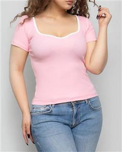 تیشرت یقه دلبری دخترانه سایز ۳۶ تا۴۲ موجودی صورتی پودری