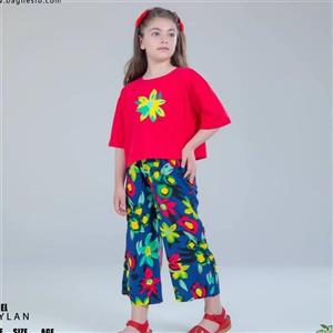 ست کراپ و شلوار دخترانه مدل تایلان جنس پنبه و نخی رنگ سرخابی