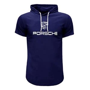 تیشرت کلاه دار مردانه آستین کوتاه طرح پورشه سورمه ای نخی اعلا سایز L XL 2XL