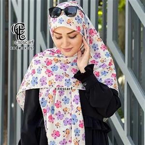 روسری نخ کاستوم طرح گل کاغذی قواره بزرگ 140x140 دور چرخ دوز کرم شیری