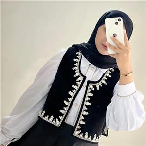 جلیقه جواهر دوزی زنانه مشکی کرپ کنزو قد 122 مناسب مهمانی سایز 38 تا 44