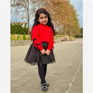 ست بلوز و دامن دخترانه یلدایی طرح دار جنس دورس پنبه و تور آستردار سایز 40 تا 55