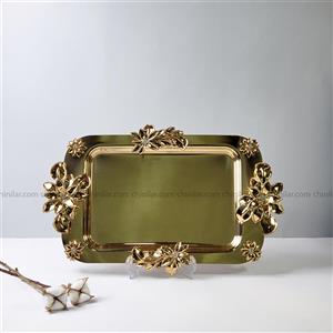 سینی استیل نگار طرح لیلیوم کد 632 سایز متوسط تمام طلایی