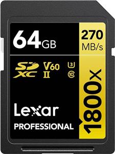 کارت حافظه 64 گیگابایتی Lexar Professional 1800x SDXCUHS-II، سرعت خواندن تا 270 مگابایت بر ثانیه و سرعت نوشتن 180 مگابایت بر ثانیه C10 V60 U3