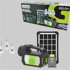 پکیج خورشیدی چندکاره GDSUPER مدل GD-C6FM با پنل خورشیدی، اسپیکر و چراغ قوه