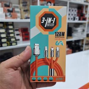 کابل شارژ 3 کاره 120 وات با و تایپ سی C، لایتنینگ و microUSB