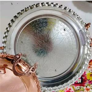 سینی مسی قطر 34 پایه دار و گوشواره دار ، طرح ترمه، داخل قلع