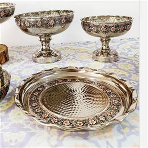 سینی تمام مس زنجان قطر33 کروم تراش نانو شده بسیار ضخیم  گل برجسته سیاه قلم چکشی کار دست زیبا