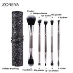 ZOREYA Double-Headed Makeup Brush Set with Sparkling Pailette Portable Bag 5pcs Powder Foundation Eye Shadow Eyebrow Contour Brush (ZOREYA-BlingBrush-B)