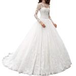 OWMAN New Women's Long Sleeves Scoop Lace Ball Gown Wedding Dress Bridal Gowns